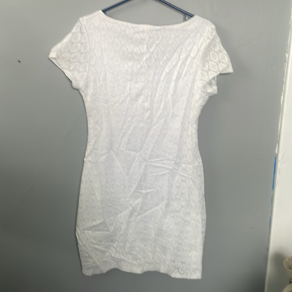 Isaac Mizrahi Large white eyelet round neckline mini bodycon dress romance - Picture 5 of 8